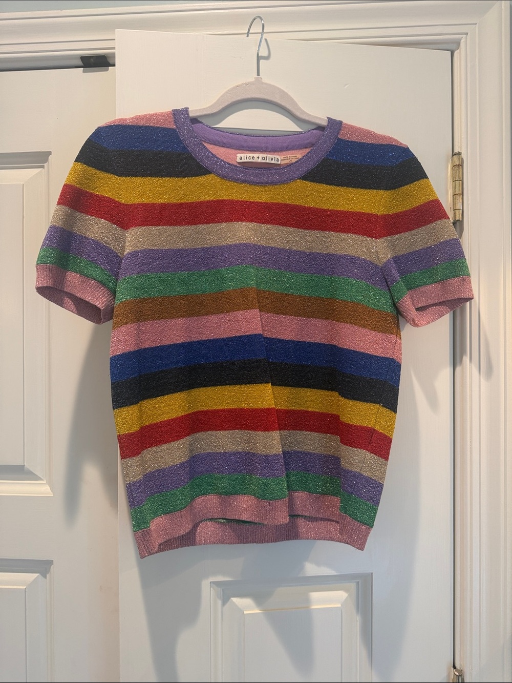 Alice + Olivia Sparkle Rainbow Striped Short Sleeve Knit Top - Multi